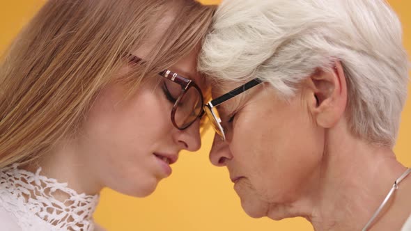 Isolated Close Up Shot of Young and Senior Woman Touching Foreheads