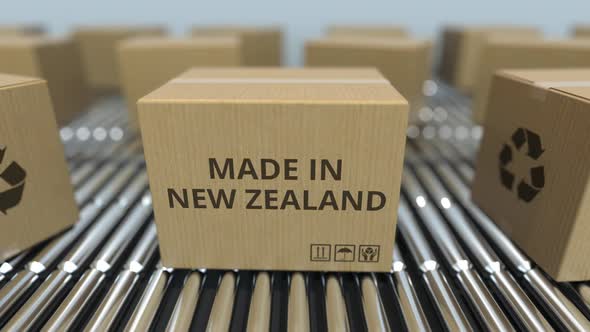 Cartons with MADE IN NEW ZEALAND Text on Roller Conveyor