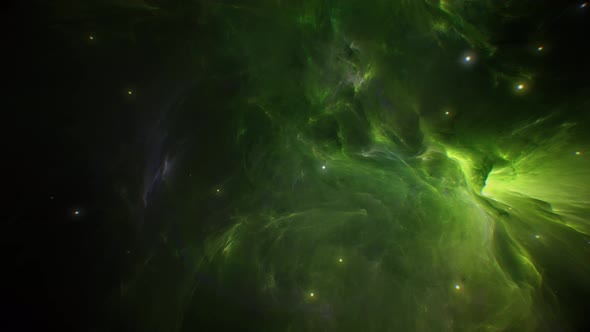 Space Flying Inside Green Nebula and Stars