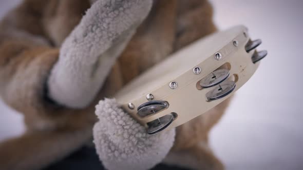 Closeup Tambourine in Male Hands in Mittens Drumming in Slow Motion