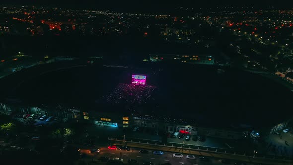 Music Concert Stage Aerial Time Lapse Shot in Sports Stadium the Stage for the Live Music Event