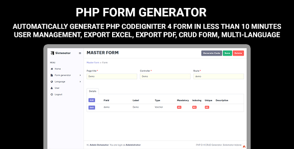 PHP Form Generator - Codeigniter 4 Form Master, Form Header Detail, User Management, Multi-language