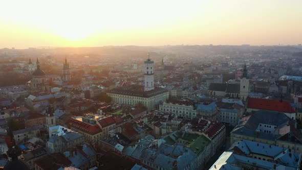 Aerial Drone Video of Lviv Old City Center - Roofs and Streets, City Hall Ratusha
