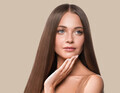 Beautiful long smooth hair woman happy clean skin face color background. Brown. - PhotoDune Item for Sale