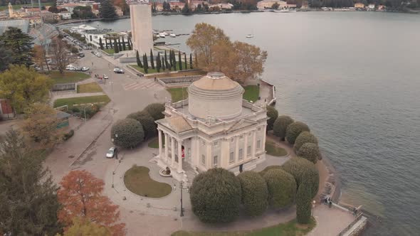 The Tempio Voltiano, Volta Temple, on the promenade near Lake Como. Aerial view, circle shot