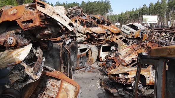 War in Ukraine a Dump of Shot and Burned Cars in the City of Irpen Near Kyiv