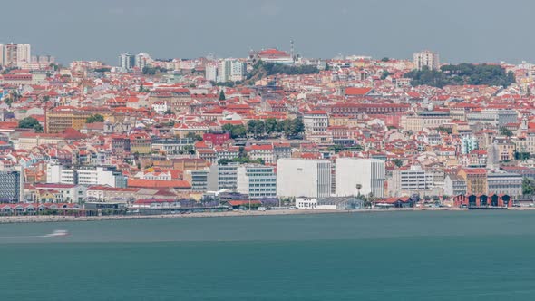 Panorama of Lisbon Historical Centre Aerial Timelapse Viewed From Above the Southern Margin of the