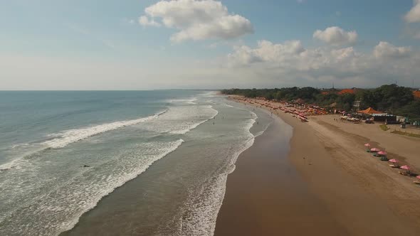 Aerial View Beautiful Beach with Surfers, Bali, Kuta.