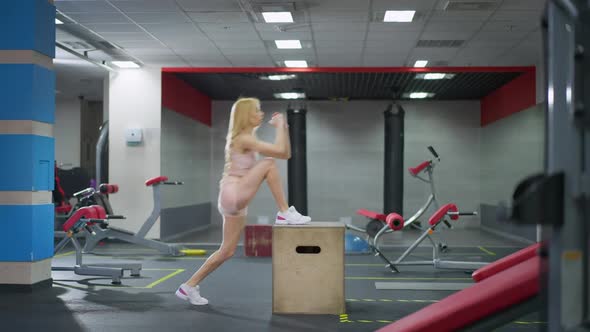 Wide Shot of Motivated Fit Slim Sportswoman Training on Gym Cube Making Steps