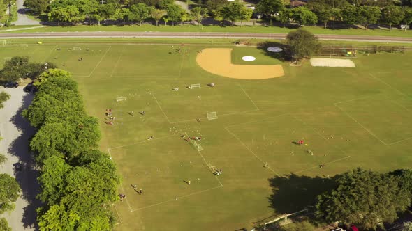 Aerial Video Youth Sports Soccer Camp Practice In The Park Field