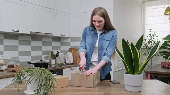 Young Happy Woman Unpacking Cardboard Boxes Unboxing Expected Postal Parcel