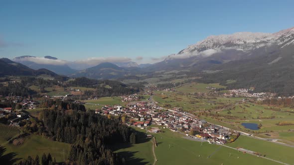 AERIAL: Beautiful panorama shot of valley in the austrian alps, tyrol
