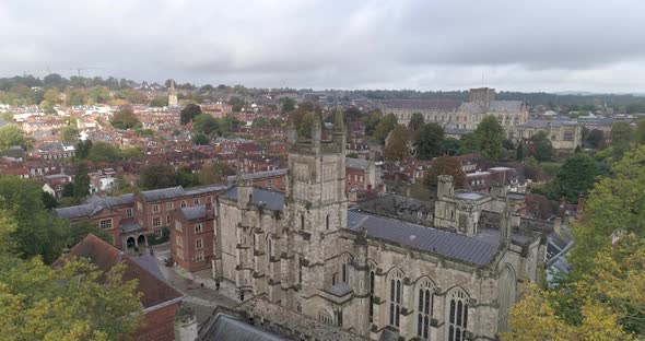 Slow aerial push in over Winchester College