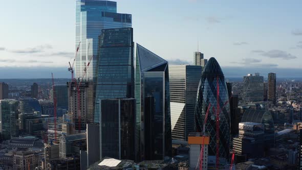 Fly Around Group of Modern Tall Office Buildings in City Financial and Economic Hub