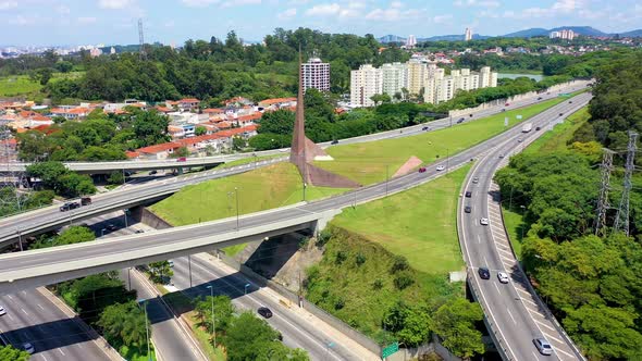 Downtown Sao Paulo Brazil. Motion city. Landmark highway road.