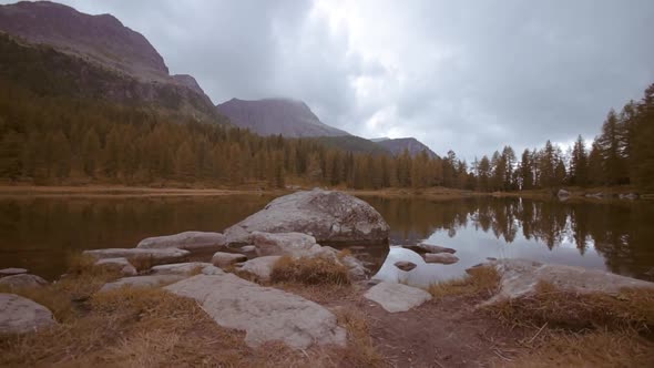 Walk on the lake panorama in the woods between the Alps