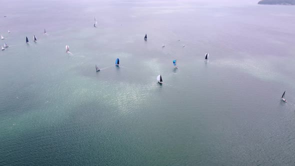 Aerial View of Sailing Yachts Regatta Race on Sea Near Varna in Bulgaria Black Sea