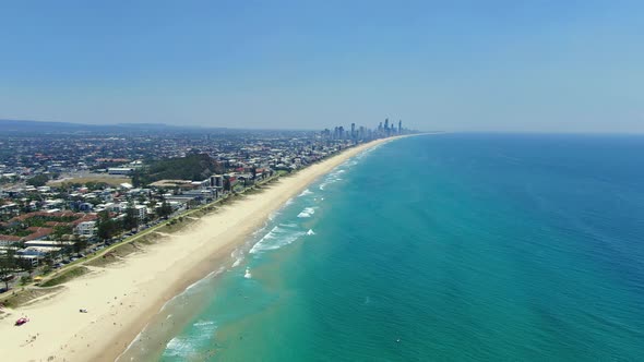 Static high drone footage of Broadbeach and Surfers Paradise, waves rolling in on a beautiful day.Lo