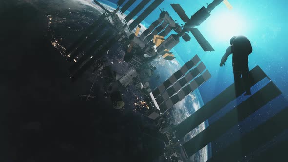 Cosmonaut Flies Near Space Station Under Blue Light
