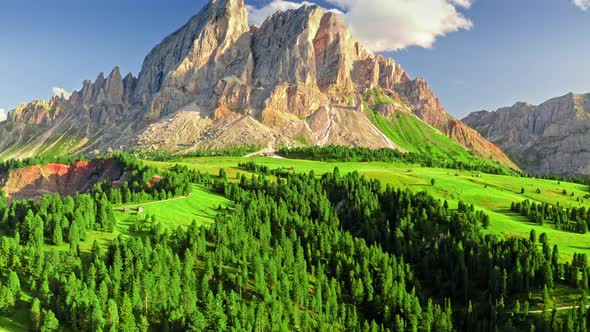 Aerial view of Passo delle Erbe at sunset in Dolomites