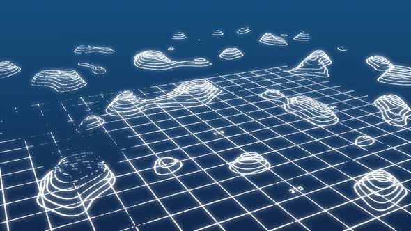 Animation of moving white thin mountain lines on digital topographic map 