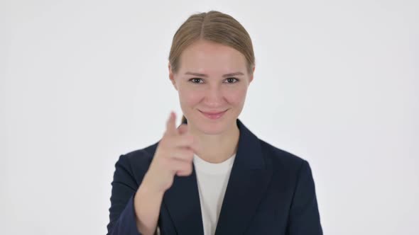 Young Businesswoman Pointing at Camera Inviting on White Background