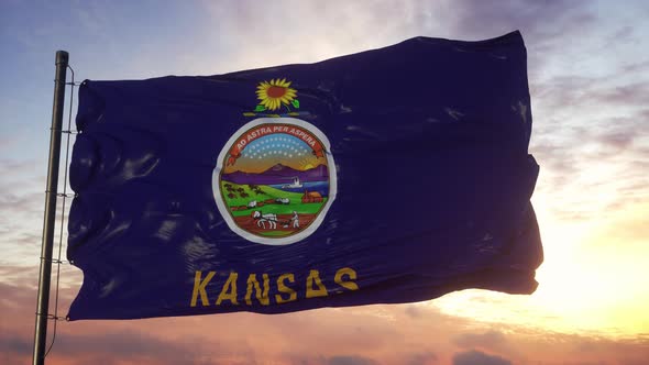 Flag of Kansas Waving in the Wind Against Deep Beautiful Sky at Sunset