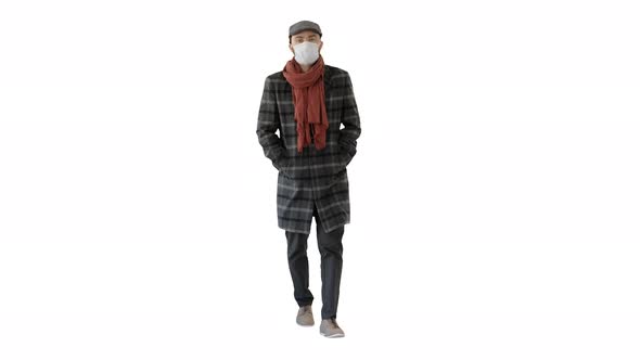 Gentleman with Medical Face Mask Walking on White Background.