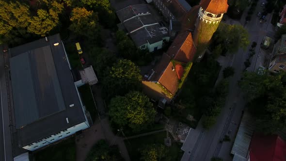 Top view of the Water Tower of Svetlogorsk in sunset