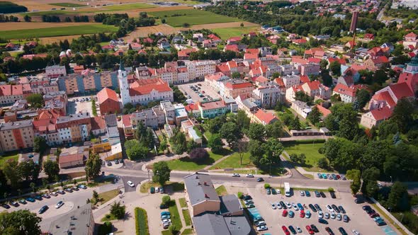 Aerial View of Small European Town with Residential Buildings and Streets