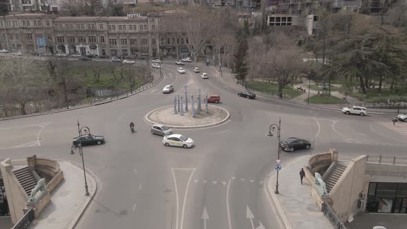 Aerial View of Galaktion Tabidze Bridge over Kura river in the centre of Tbilisi. Georgia 2021 April