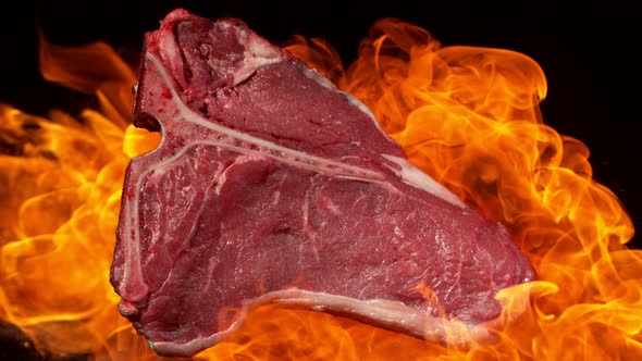 Super Slow Motion Footage of Premium Tbone Meat in Fire at 1000Fps
