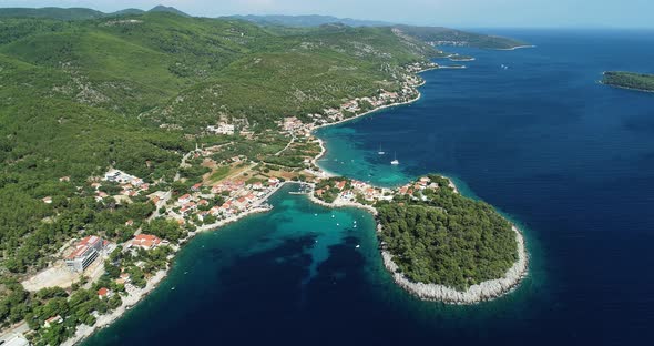 Aerial view of a small peninsula near Prizma on Korcula Island, Croatia.