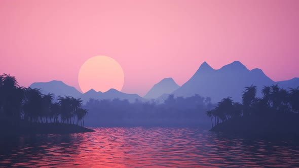 Big orange sun rises over a hot, misty tropical island. Palm tree silhouettes.