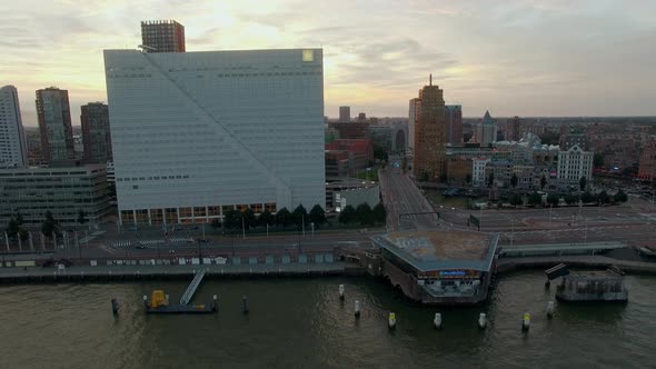 Aerial shot of Rotterdam cityscape in the evening, Netherlands