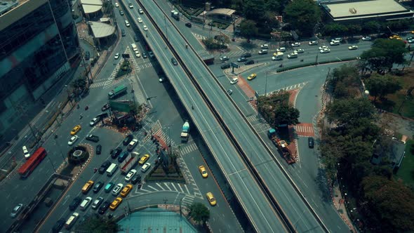 Busy highway road junction in metropolis city center