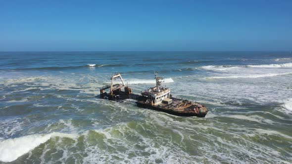 Aerial view of a shipwreck along the shore, Swakopmund, Namibia.