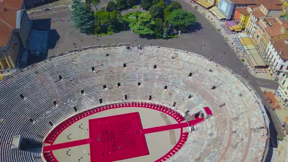 Aerial View Of Arena Di Verona, Italy. The drone moves away from the arena.