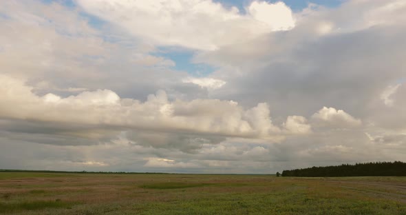 Clouds Fly Low Over the Field and Forest. Beautiful Evening Sky. Field Before the Rain. Rain Clouds