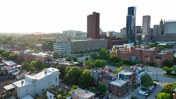 Downtown residential housing in Baltimore. Camden Yards in distance. Aerial view.