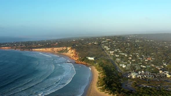 AERIAL ORBITAL Beautiful Morning Over Seaside Village, Anglesea Australia