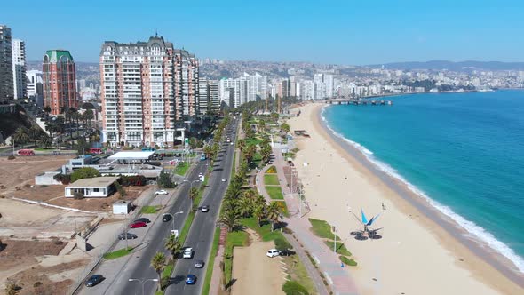 Beach Pacific ocean coast, Avenue, Street (Vina del Mar, Chile) aerial view