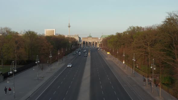 AERIAL: Flight Towards Empty Brandenburger Tor in Berlin, Germany Due To Coronavirus COVID 19