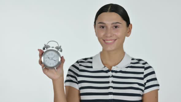 Latin Woman Holding a Clock, White Background 