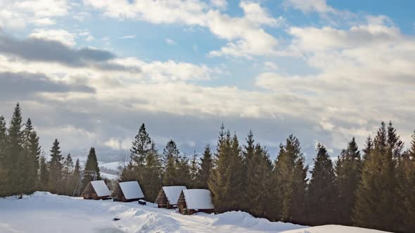 Winter with Running Clouds Over the Carpathian Mountains Covered with Forests and Snowdrifts