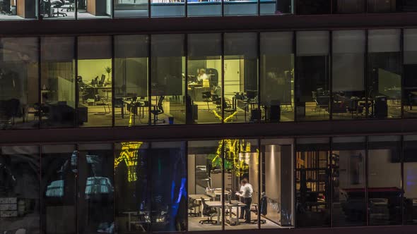 Big Glowing Windows in Modern Office Buildings Timelapse at Night