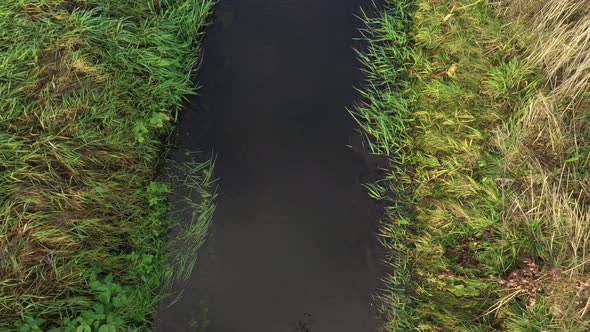 Aerial view of a trench between meadows going from a close up to a topview 