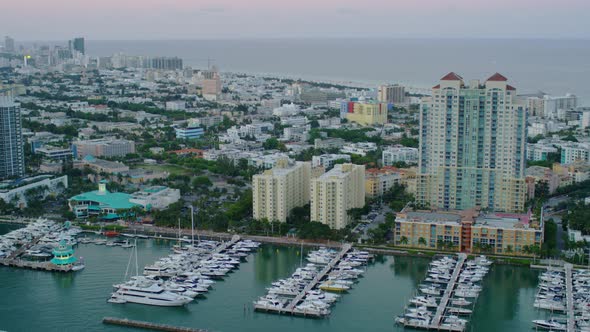 Aerial shot of a marina and buildings in Miami Beach