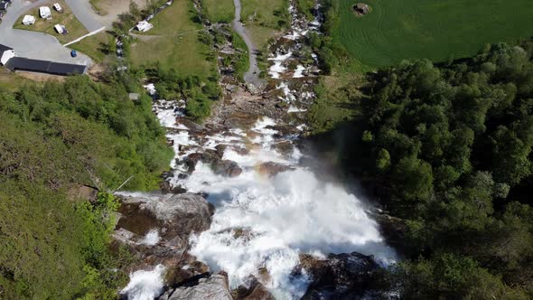 Static aerial from top of waterfall Tvindefossen in Voss Norway - Famous tourist attraction