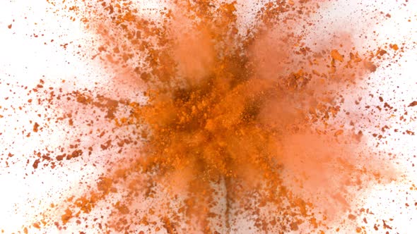 Super Slow Motion Shot of Orange Powder Explosion Isolated on White Background at 1000Fps
